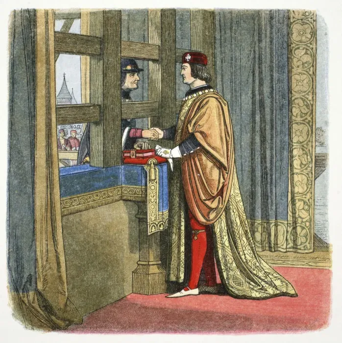 Framed Print : Meeting of Edward IV of England and Louis XI of France at Picquigny, France, 1475 (1864) Framed Print : Meeting of Edward IV of England and Louis XI of France at Picquigny, France, 1475 (1864)