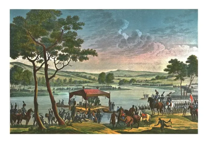 Framed Print : Meeting of the two Emperors, 25 June 1807, (c1850). Artist: Francois-Louis Couché Framed Print : Meeting of the two Emperors, 25 June 1807, (c1850). Artist: Francois-Louis Couché