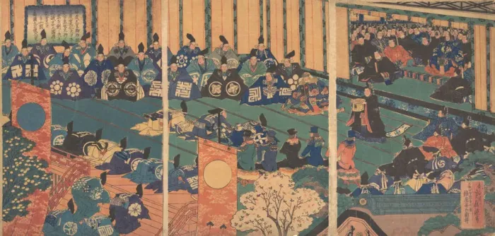 Framed Print : Meeting with foreign dignitaries, 1867 (Meiji 1). Creator: Hasegawa Sadanobu Framed Print : Meeting with foreign dignitaries, 1867 (Meiji 1). Creator: Hasegawa Sadanobu