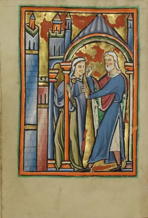 Framed Print : The Meeting at the Golden Gate; Illustrated Vita Christi, with devotional... about 1190-1200. Creator: Unknown Framed Print : The Meeting at the Golden Gate; Illustrated Vita Christi, with devotional... about 1190-1200. Creator: Unknown
