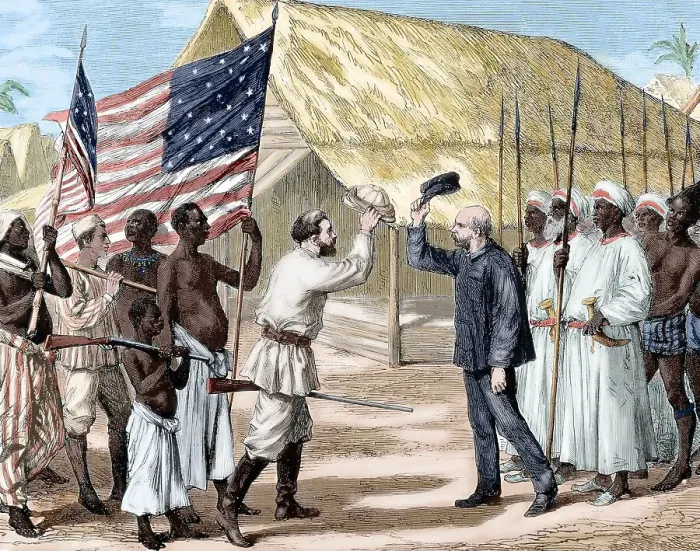 Framed Print : Meeting between Henry Morton Stanley and David Livingstone, Africa, November 1871, (19th century). Creator: Unknown Framed Print : Meeting between Henry Morton Stanley and David Livingstone, Africa, November 1871, (19th century). Creator: Unknown