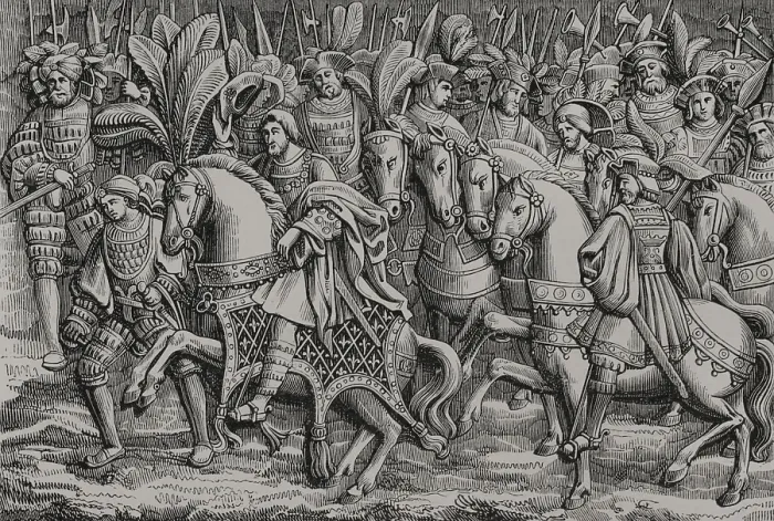 Framed Print : Meeting between Henry VIII and Francis I of France, on the Field of the Cloth of Gold, 1520 (1877). Creator: Unknown Framed Print : Meeting between Henry VIII and Francis I of France, on the Field of the Cloth of Gold, 1520 (1877). Creator: Unknown
