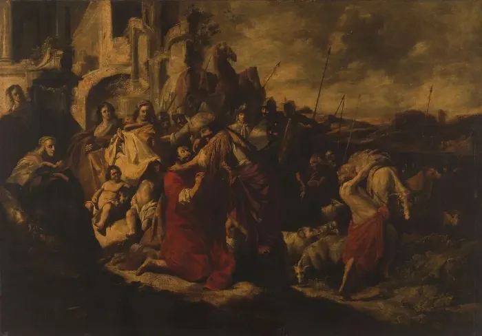 Framed Print : The Meeting of Jacob and Esau, 1655. Creator: Jacob Hogers Framed Print : The Meeting of Jacob and Esau, 1655. Creator: Jacob Hogers
