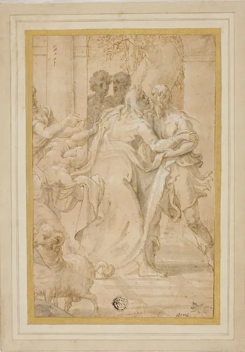 Framed Print : The Meeting of Joachim and Anna at the Golden Gate, c.1553. Creator: Girolamo Mazzola Bedoli Framed Print : The Meeting of Joachim and Anna at the Golden Gate, c.1553. Creator: Girolamo Mazzola Bedoli