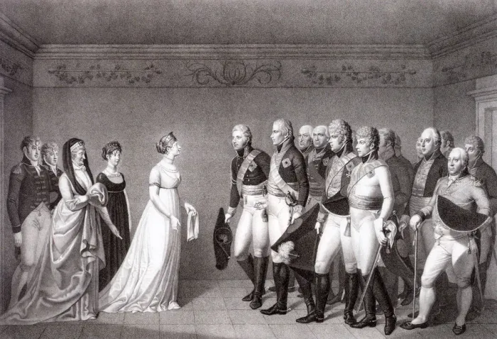 Framed Print : The Meeting Between Luise of Prussia and the Crown Prince Alexander of Russia in Memel, 1805. Artist: Bolt, Johann Friedrich (1769-1836) Framed Print : The Meeting Between Luise of Prussia and the Crown Prince Alexander of Russia in Memel, 1805. Artist: Bolt, Johann Friedrich (1769-1836)