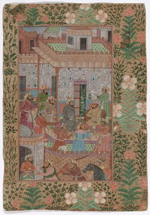 Framed Print : Meeting-men in three floors, Indian miniature, c1800. Creator: Unknown Framed Print : Meeting-men in three floors, Indian miniature, c1800. Creator: Unknown