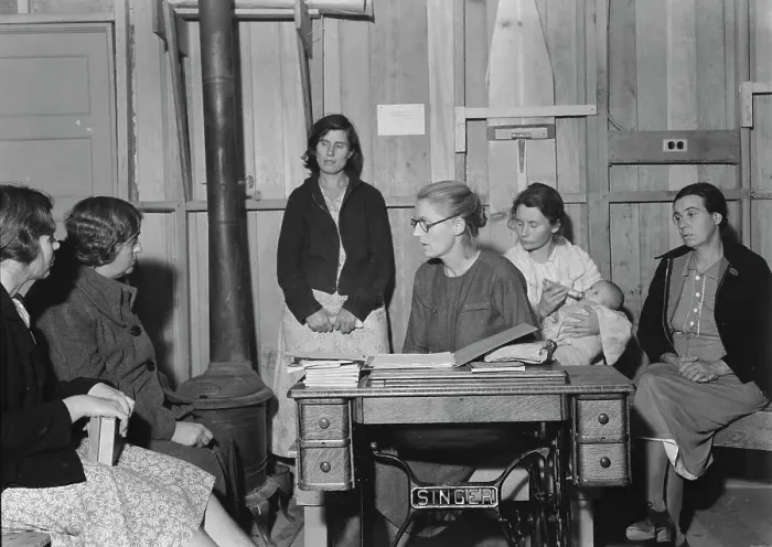 Framed Print : Meeting of the Mothers Club in Arvin camp for migrant workers, Kern County, 1938. Creator: Dorothea Lange Framed Print : Meeting of the Mothers Club in Arvin camp for migrant workers, Kern County, 1938. Creator: Dorothea Lange