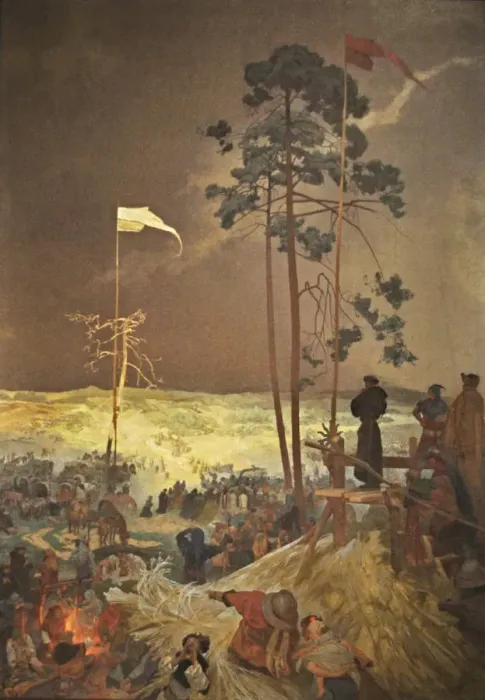 Framed Print : The Meeting Na Krizkach (The cycle The Slav Epic). Artist: Mucha, Alfons Marie (1860-1939) Framed Print : The Meeting Na Krizkach (The cycle The Slav Epic). Artist: Mucha, Alfons Marie (1860-1939)