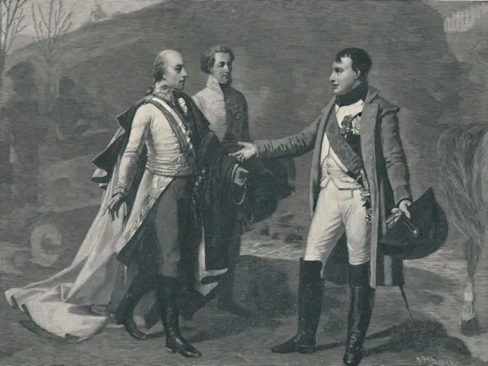 Framed Print : Meeting of Napoleon and Francis I after Austerlitz, 1805, (1896). Artist: M Haider