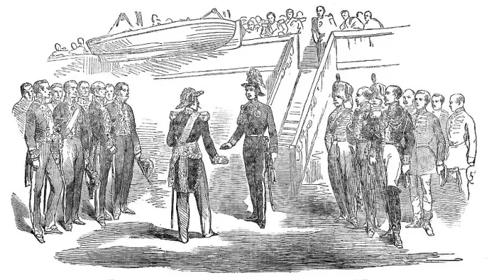 Framed Print : The Meeting of His Royal Highness Prince Albert and the Emperor of the French, at Boulogne, 1854. Creator: Unknown