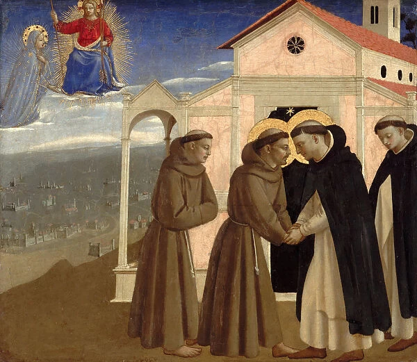 Meeting of Saint Francis and Saint Dominic (Scenes from the life of Saint Francis of Assisi), ca 142 Artist: Angelico, Fra Giovanni, da Fiesole (ca. 1400-1455)