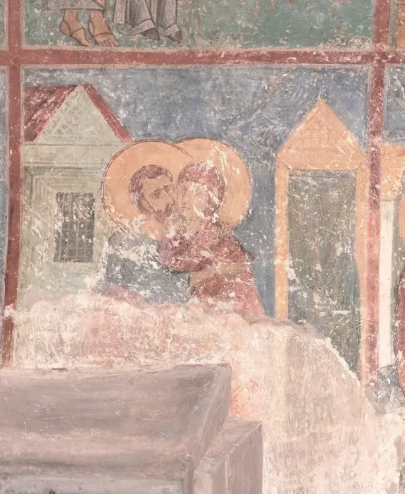Framed Print : Meeting of Saints Joachim and Anne at the Golden Gate, 12th century. Artist: Ancient Russian frescos Framed Print : Meeting of Saints Joachim and Anne at the Golden Gate, 12th century. Artist: Ancient Russian frescos