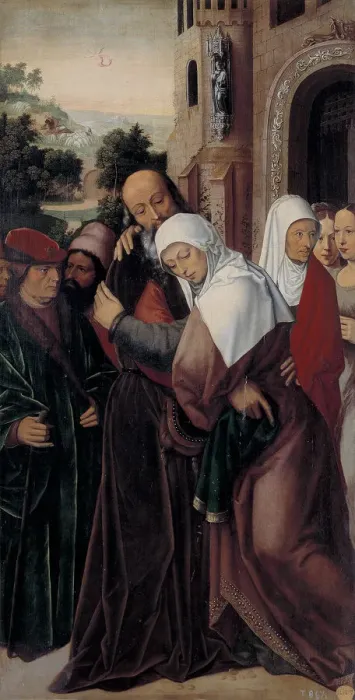 Framed Print : Meeting of Saints Joachim and Anne at the Golden Gate. Artist: Benson, Ambrosius (1495-1550) Framed Print : Meeting of Saints Joachim and Anne at the Golden Gate. Artist: Benson, Ambrosius (1495-1550)