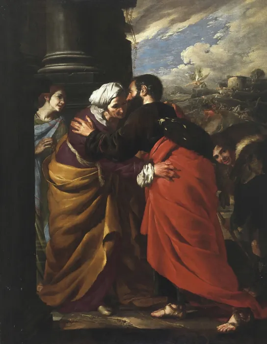 Framed Print : Meeting of Saints Joachim and Anne at the Golden Gate, c1640. Creator: Cavallino, Bernardo (1616-1656) Framed Print : Meeting of Saints Joachim and Anne at the Golden Gate, c1640. Creator: Cavallino, Bernardo (1616-1656)
