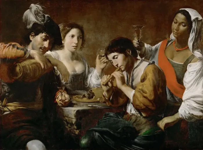Framed Print : Meeting in a Tavern (Musician and Drinkers). Artist: Valentin de Boullogne (1591-1632) Framed Print : Meeting in a Tavern (Musician and Drinkers). Artist: Valentin de Boullogne (1591-1632)