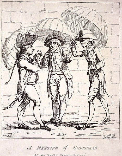 A meeting of umbrellas, 1782. Artist: James Gillray