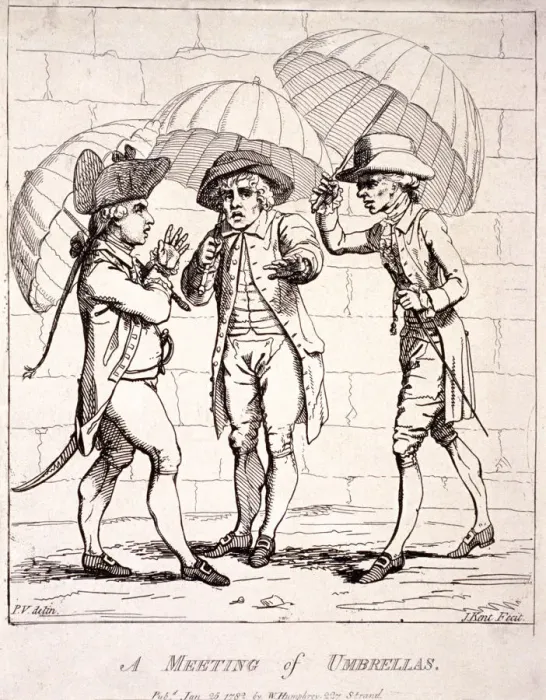 Framed Print : A meeting of umbrellas, 1782. Artist: James Gillray Framed Print : A meeting of umbrellas, 1782. Artist: James Gillray