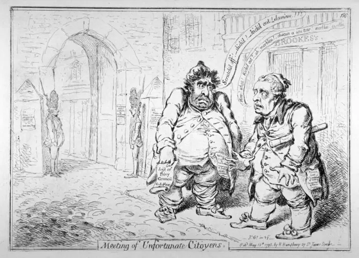 Framed Print : Meeting of unfortunate citoyens, 1798. Artist: James Gillray Framed Print : Meeting of unfortunate citoyens, 1798. Artist: James Gillray
