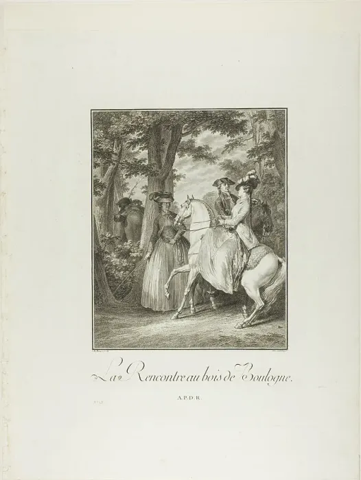 Framed Print : Meeting in the Woods of Boulogne, from Monument du Costume Physique et Moral de la... n.d. Creator: Heinrich Guttenberg Framed Print : Meeting in the Woods of Boulogne, from Monument du Costume Physique et Moral de la... n.d. Creator: Heinrich Guttenberg