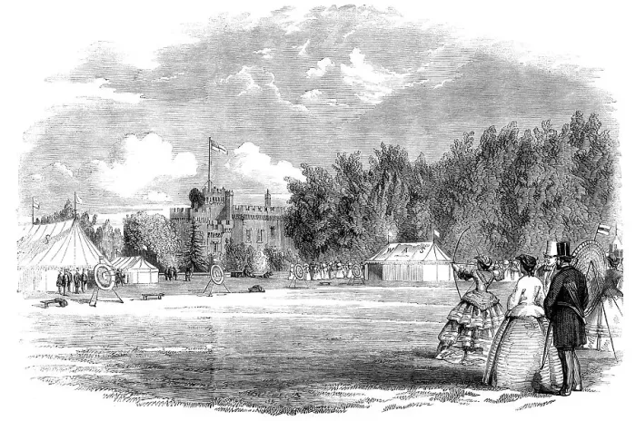 Framed Print : Meeting of the Worcestershire Archery Society in the Grounds of Lea Castle, Wolverley... 1858. Creator: Unknown Framed Print : Meeting of the Worcestershire Archery Society in the Grounds of Lea Castle, Wolverley... 1858. Creator: Unknown