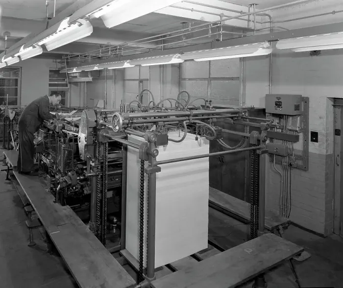 Framed Print : Meilhe two colour printing machine in operation at a printers, Mexborough, South Yorkshire, 1959 Framed Print : Meilhe two colour printing machine in operation at a printers, Mexborough, South Yorkshire, 1959
