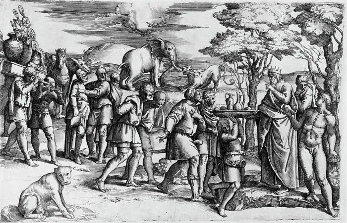 Framed Print : Melchizedek Offering Bread and Wine to Abraham, between 1554 and 1561. Creator: Battista Franco Veneziano Framed Print : Melchizedek Offering Bread and Wine to Abraham, between 1554 and 1561. Creator: Battista Franco Veneziano