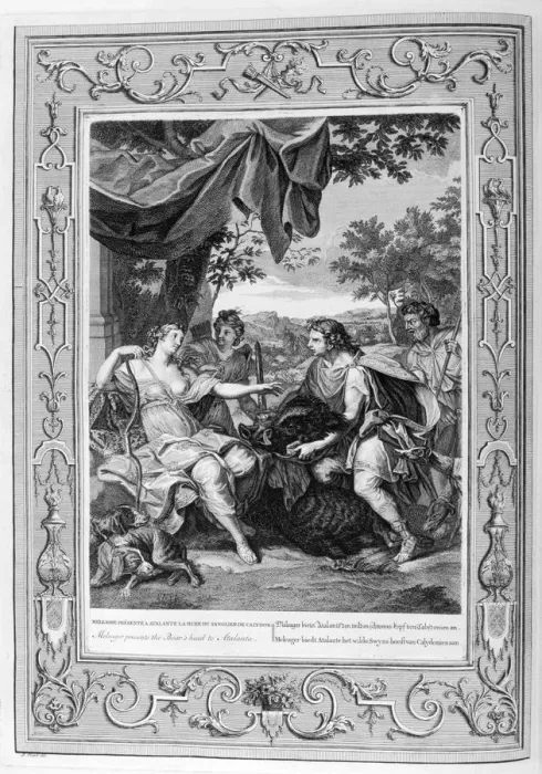Framed Print : Meleager presents the boars head to Atalanta, 1733. Artist: Bernard Picart Framed Print : Meleager presents the boars head to Atalanta, 1733. Artist: Bernard Picart