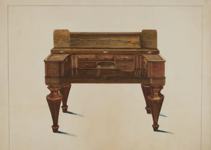 Framed Print : Melodeon Converted into Desk, c. 1937. Creator: Magnus S. Fossum Framed Print : Melodeon Converted into Desk, c. 1937. Creator: Magnus S. Fossum