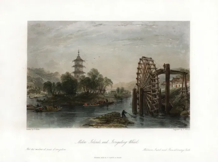 Framed Print : Melon Islands, and Irrigating Wheel, China, c1840. Artist: Henry Adlard Framed Print : Melon Islands, and Irrigating Wheel, China, c1840. Artist: Henry Adlard