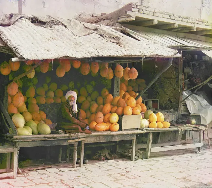 Framed Print : Melon vendor, Samarkand, between 1905 and 1915. Creator: Sergey Mikhaylovich Prokudin-Gorsky Framed Print : Melon vendor, Samarkand, between 1905 and 1915. Creator: Sergey Mikhaylovich Prokudin-Gorsky