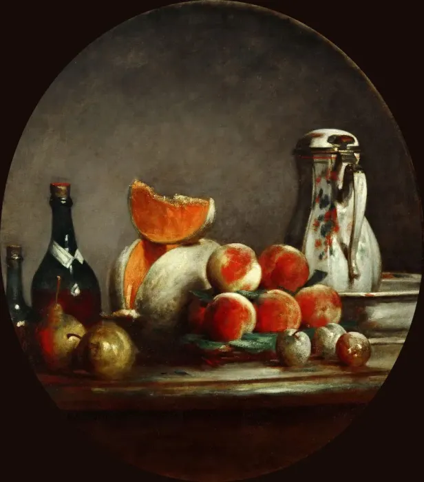Framed Print : Melons, pears, peaches and plums, or The cut melon. Artist: Chardin, Jean-Baptiste Simeon (1699-1779)
