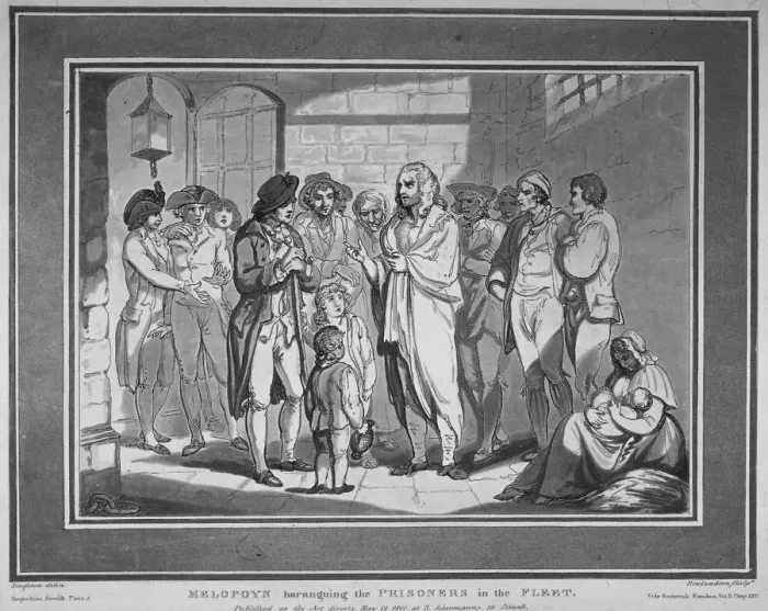 Framed Print : Melopoyn haranguing the prisoners in the Fleet, 1800. Artist: Thomas Rowlandson Framed Print : Melopoyn haranguing the prisoners in the Fleet, 1800. Artist: Thomas Rowlandson
