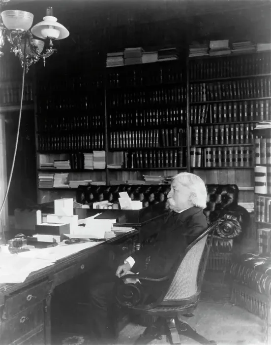 Framed Print : Melville Weston Fuller, full-length portrait, seated at desk, facing left, c1899. Creator: Frances Benjamin Johnston Framed Print : Melville Weston Fuller, full-length portrait, seated at desk, facing left, c1899. Creator: Frances Benjamin Johnston