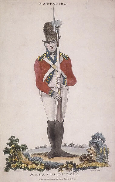 Member of the battalion in the Bank Volunteers, holding a rifle with a bayonet attached, 1799