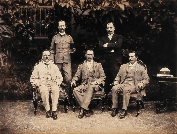 Framed Print : The five members of the Bombay Plague Committee, three sitting, two standing, 1897. Creator: Captain C Moss