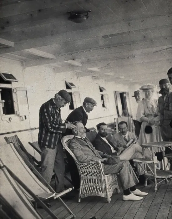 Framed Print : Members of the British Association playing at phrenology on board a ship on its way to... 1905. Creator: James Thomson Bottomley Framed Print : Members of the British Association playing at phrenology on board a ship on its way to... 1905. Creator: James Thomson Bottomley