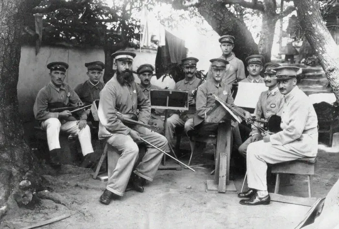 Framed Print : Members of a German Bando POW camp orchestra at Tokushima Prefecture, c. 1917 Framed Print : Members of a German Bando POW camp orchestra at Tokushima Prefecture, c. 1917