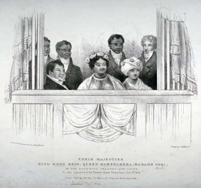 Framed Print : Members of the Hawaiian royal family at the Theatre Royal, Drury Lane, London, 1824 Framed Print : Members of the Hawaiian royal family at the Theatre Royal, Drury Lane, London, 1824