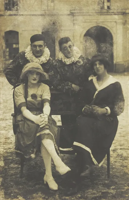 Framed Print : Members of The Stars concert party, two soldiers in drag and two as pierrots, pose around... 1919 Creator: Unknown. Members of The Stars concert party Framed Print : Members of The Stars concert party, two soldiers in drag and two as pierrots, pose around... 1919 Creator: Unknown. Members of The Stars concert party