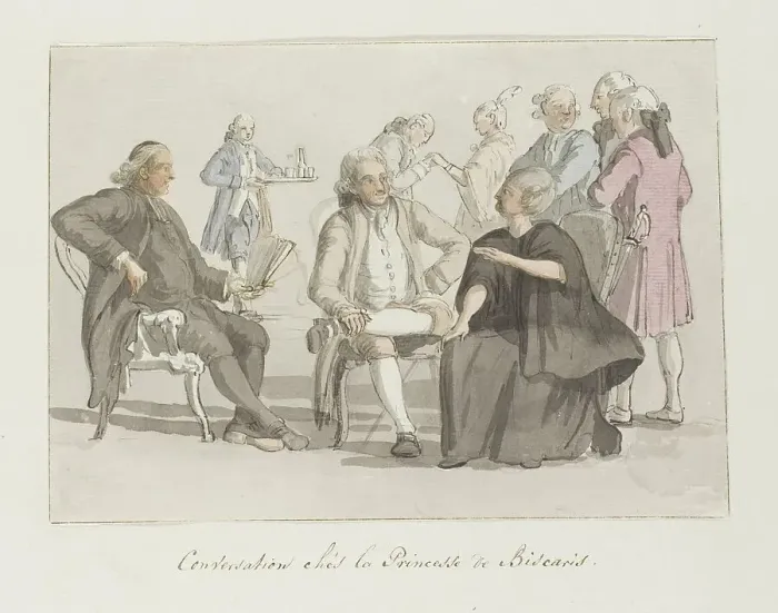 Framed Print : Members of the tour group in conversation with the princess of Biscari, 1778. Creator: Louis Ducros Framed Print : Members of the tour group in conversation with the princess of Biscari, 1778. Creator: Louis Ducros