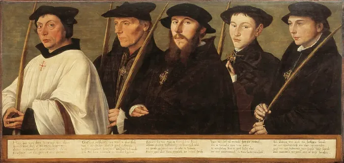 Framed Print : Five Members of the Utrecht Brotherhood of Jerusalem Pilgrims, ca 1541. Artist: Scorel, Jan, van (1495-1562) Framed Print : Five Members of the Utrecht Brotherhood of Jerusalem Pilgrims, ca 1541. Artist: Scorel, Jan, van (1495-1562)