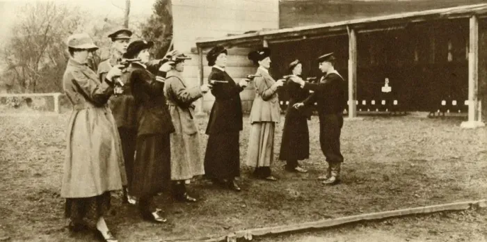 Framed Print : Members of the WRNS at revolver practice, 1915, (1935). Creator: Unknown Framed Print : Members of the WRNS at revolver practice, 1915, (1935). Creator: Unknown