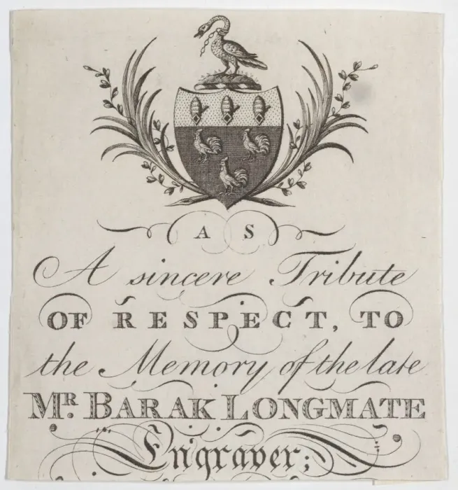 Framed Print : Memorial Card for Mr. Barak Longmate, genealogical editor and heraldic engraver, ca. 1793. ca. 1793 Creator: Anon Framed Print : Memorial Card for Mr. Barak Longmate, genealogical editor and heraldic engraver, ca. 1793. ca. 1793 Creator: Anon