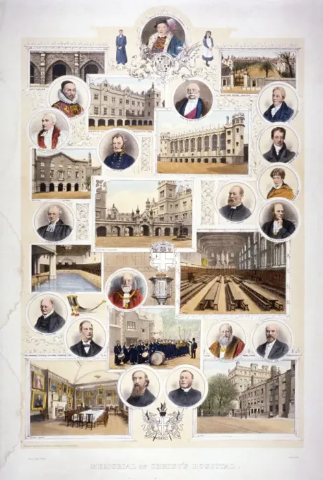 Framed Print : Memorial of Christs Hospital, Newgate Street, London, c1850 Framed Print : Memorial of Christs Hospital, Newgate Street, London, c1850