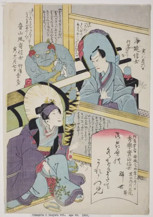 Framed Print : Memorial Portraits of the Actors Bando Shuka I, Arashi Otohachi III, and Ichikawa Danjuro VIII, 1855. Creator: Utagawa School Framed Print : Memorial Portraits of the Actors Bando Shuka I, Arashi Otohachi III, and Ichikawa Danjuro VIII, 1855. Creator: Utagawa School