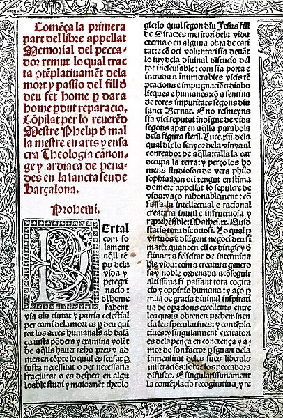 Memorial of remut sinner incunabula (Barcelona 1495), cover of the first part (prohemi)