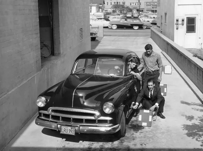 Framed Print : Men with a 1949 customised Chevrolet, (c1949?) Framed Print : Men with a 1949 customised Chevrolet, (c1949?)