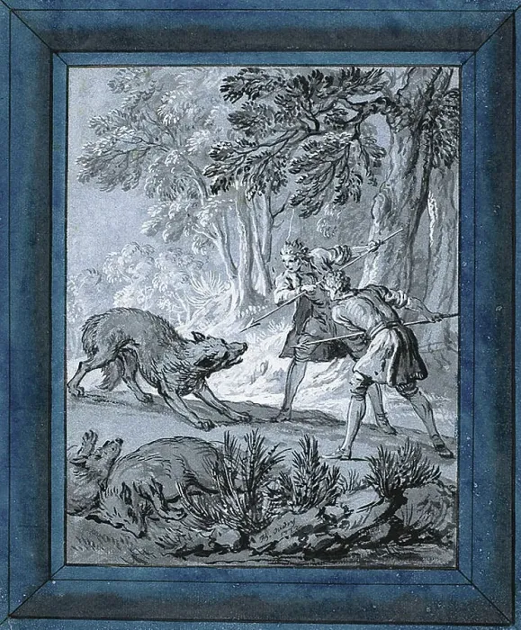 Framed Print : Men Attacking Wolves ('Rien de Trop III'), 1732. Creator: Jean-Baptiste Oudry. Men Attacking Wolves ('Rien de Trop III'), 1732. Creator: Jean-Baptiste Oudry Framed Print : Men Attacking Wolves ('Rien de Trop III'), 1732. Creator: Jean-Baptiste Oudry. Men Attacking Wolves ('Rien de Trop III'), 1732. Creator: Jean-Baptiste Oudry