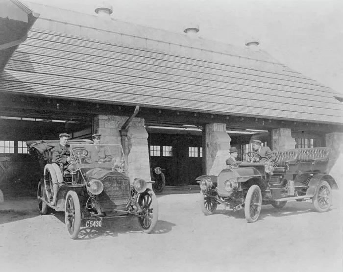 Framed Print : Four men with two automobiles outside of garage of Edmund Cogswell... Greenwich, Connecticut, 1908. Creator: Frances Benjamin Johnston Framed Print : Four men with two automobiles outside of garage of Edmund Cogswell... Greenwich, Connecticut, 1908. Creator: Frances Benjamin Johnston