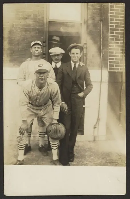 Framed Print : Five men, two in baseball uniforms, about 1926. Creator: John Frank Keith